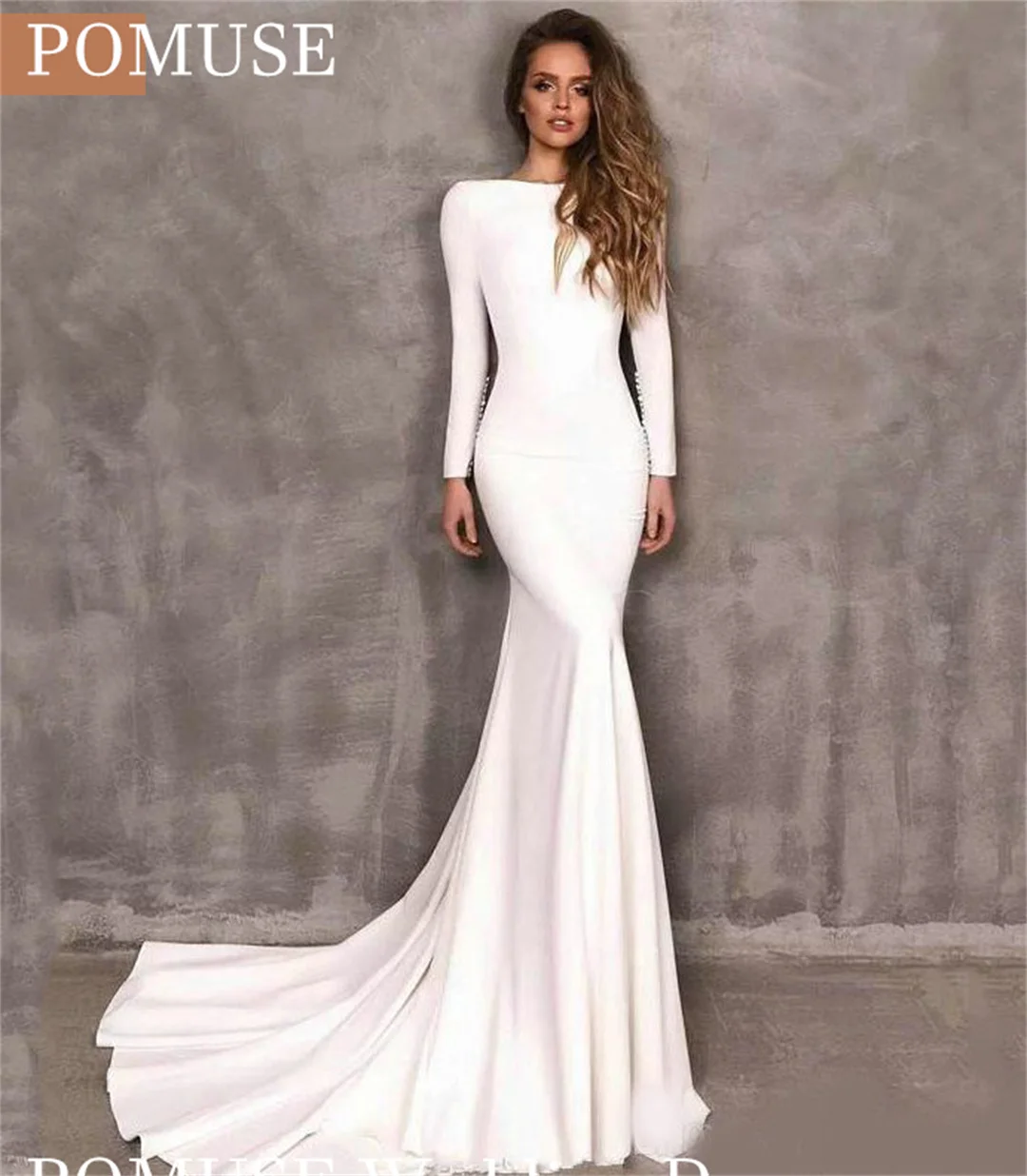 

POMUSE Boho Boat Neck Wedding Dress Sexy Open Back Long Sleeves Wedding Bride Gown Custom Made Vestido De Novia for Women