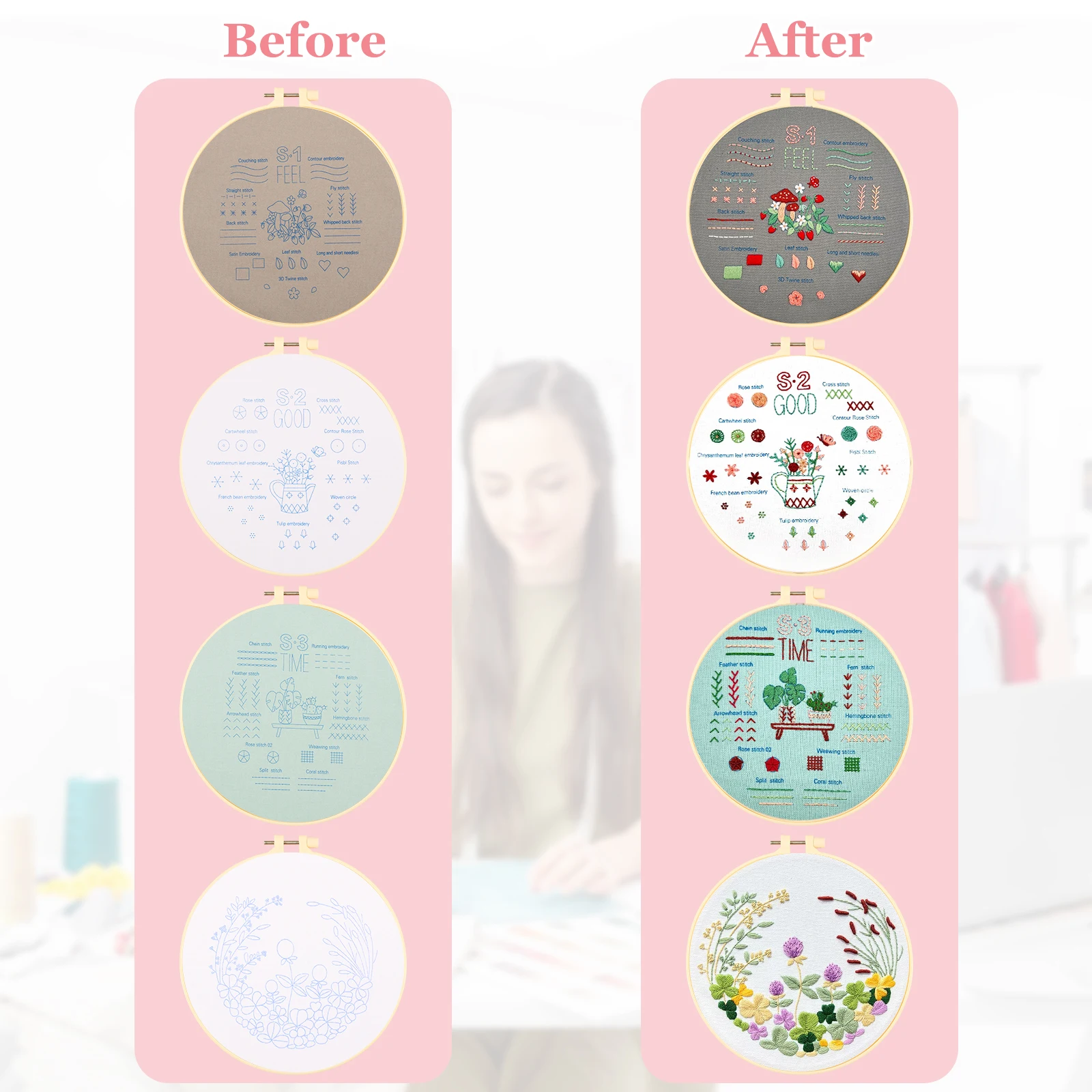 Beginner Embroidery Stitch Practice Kit Including Pattern Embroidery Cloth Hoop Scissor Needle Threader Seam Remover Needlework