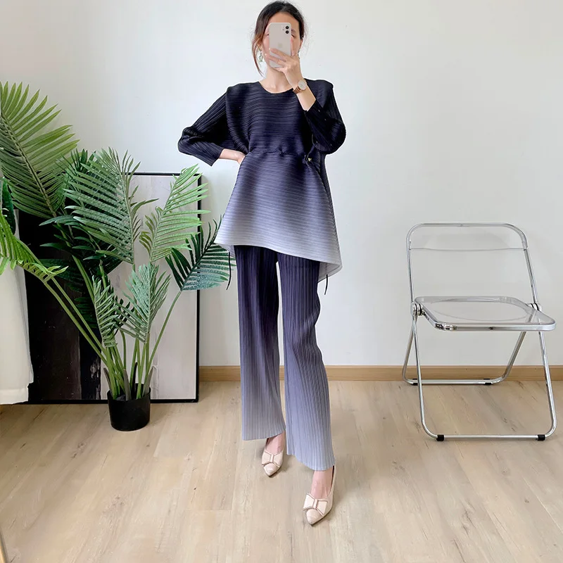 

YZZ Elegant Gradient Pleated Pants Set Summer Women's 2 Piece Set Loose Lace Up Top Casual Straight Pants Autumn Female Outfit