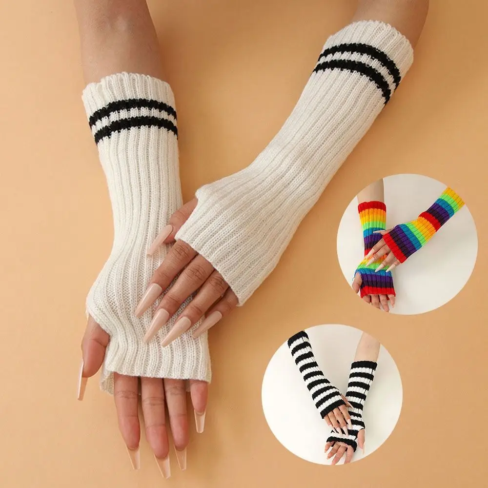 

1Pair Striped Half Finger Gloves Unisex Windproof Warm Arm Sleeve Knitted Gloves Girls