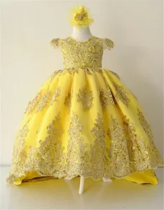 Желтое платье с большим бантом на заказ, Цветочное платье для девочек с золотой аппликацией, кружевное платье принцессы для дня рождения, платье для первого причастия