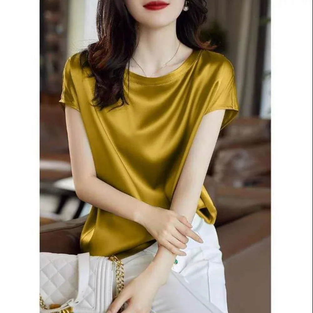 Office Lady Tops Summer Short Sleeve Blouses Satin Blouse Women Shirts Fashion Simple Solid Fashion Loose Shirt Blusas
