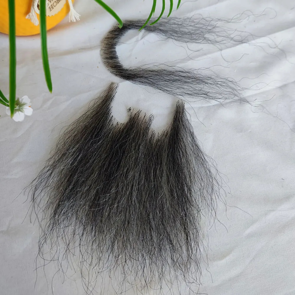Long Fake Beard Human Hair Full Hand Tied Facial Hair Black Goatee False Beards Lace Invisible Mustache Mixed White Color