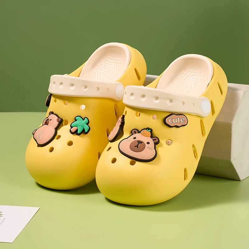 여아 남아 여름용 카피바라 샌들, 편안한 비치 논슬립 키즈 슈즈, 앞코가 막힌 아동용 클로그, 귀여운 프린팅, 6-12세