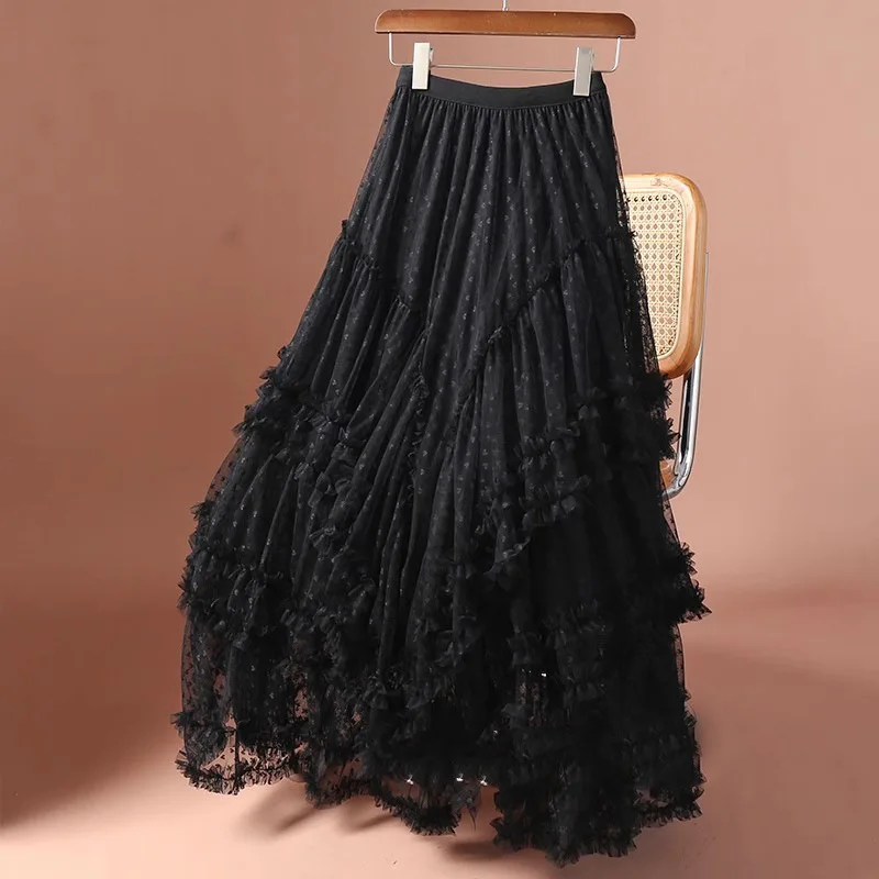 Boho Queens Women Irregular Hem High Waist Pleated embroidery Maxi Skirt Fashion Mesh Loose Puffy Skirt Fairy Cake Skirts