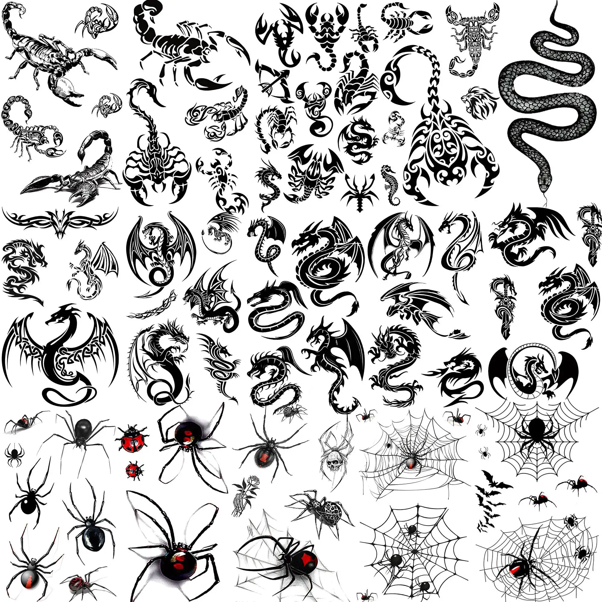 

15 Sheets Totem Dragon Temporary Tattoos For Men Women Fake Scorpion Tribal Snake Tattoo Sticker Spider Web Black Tatoo Body Art