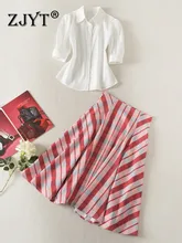 

ZJYT Runway Fashion Spring Summer 2 Pieces Sets Womens Outfits Top and Skirt Casual White Blouse Striped Dress Suit Elegant 2022