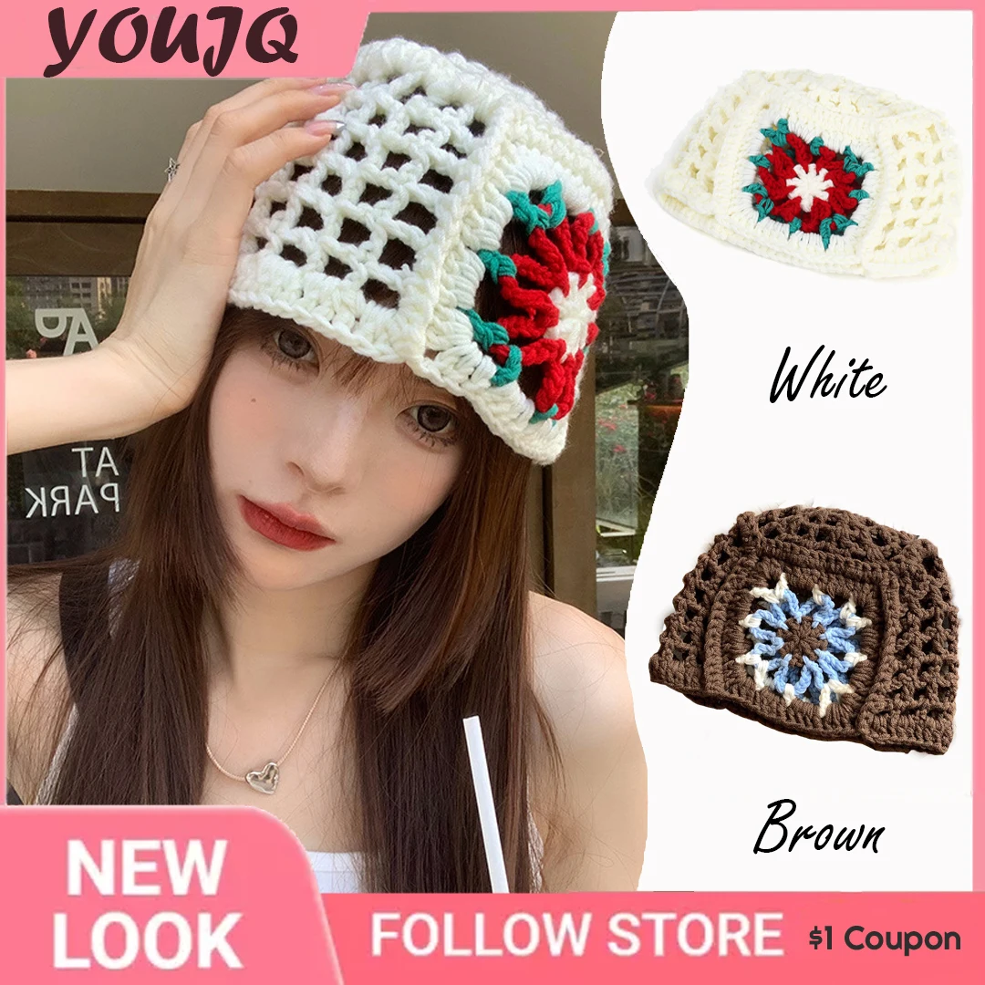 

Floral Knitted Beanies Hats For Women Hollow Handmade Crochet Skullies Famela Outdoor Travel Knitted Caps Bonnet Free Shipping