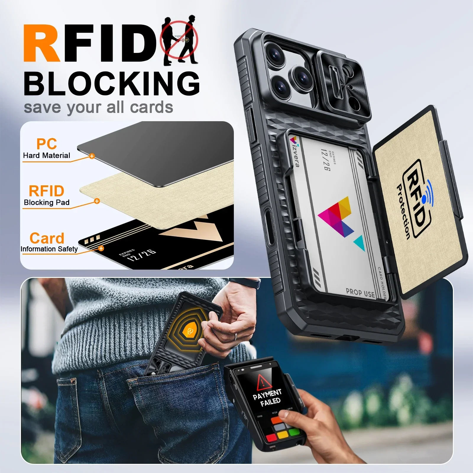 Sleek Black Phone Case with Card Holder, Sliding Camera Cover, and Stand