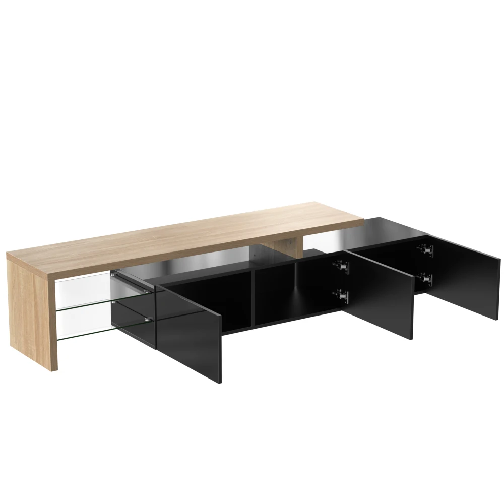 Moderner Wohnzimmer-TV-Schrank, mit LED-Beleuchtung, Praktischer Stauraum, Hochglanz-Schwarz TV-Ständer, Holzoptik, Glasböden – Detail 20