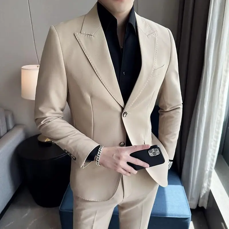 Jacket + Pants 2 Pieces Men's Elegant Fashion Slim Fit Suits Formal Business Wedding Tuxedos Casual Gentleman Solid Dress Suit