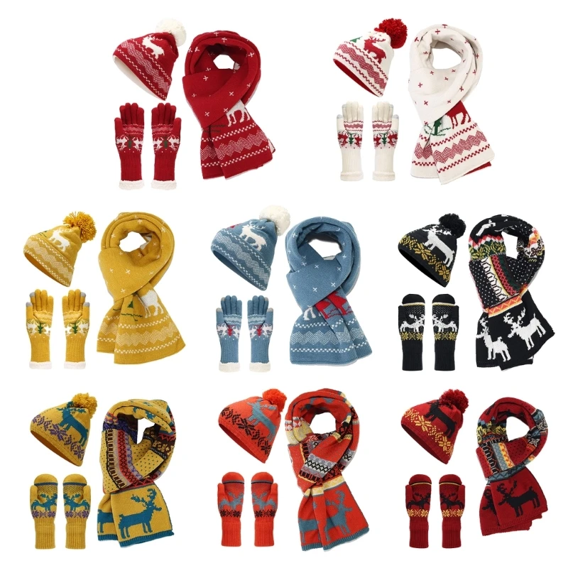 

Red Knit Hat Scarf Gloves Set for Winter Reindeer Pattern Christmas Tree Warm Hat Scarf Gloves Combo for Adults Kids Y1QD