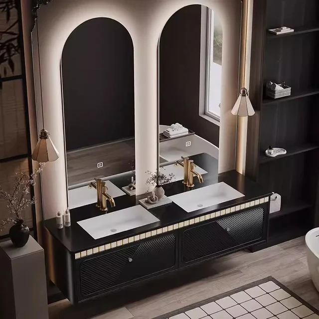 หรูหราสไตล์โรงแรมตู้ห้องน้ําอ่างล้างหน้าคู่ผสมแผ่นหินฝรั่งเศสอ่างล้างหน้าตู้ห้องน้ําอ่างล้างหน้า 3