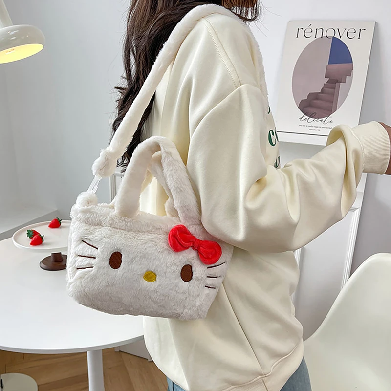 

Сумка на плечо Sanrio Plushies, Женский плюшевый рюкзак через плечо с рисунком Хелло Китти, саквояж для макияжа, сумочка-тоут в подарок