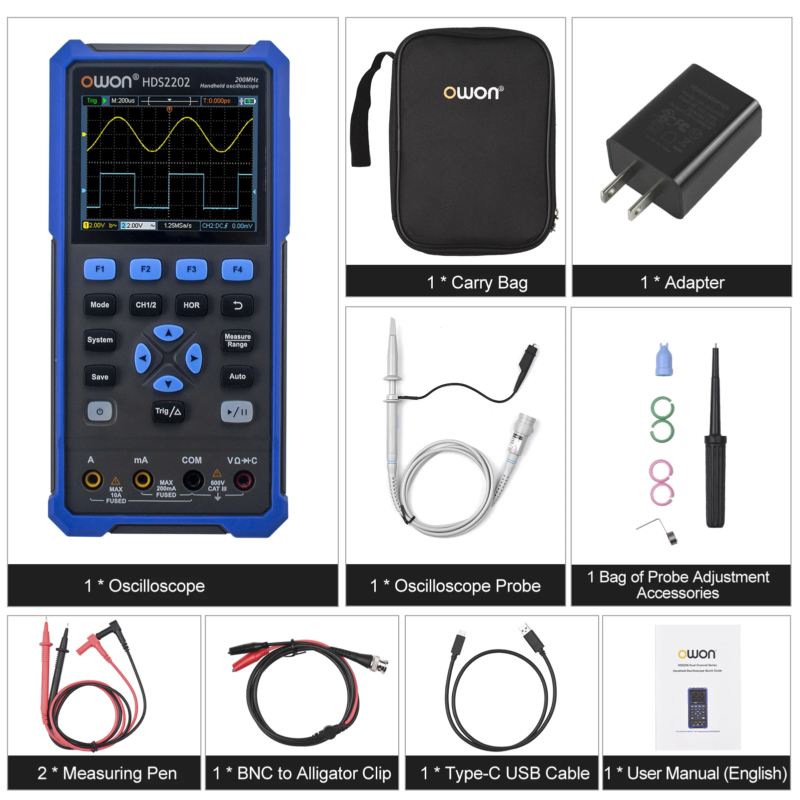 Owon Hds2202 3.5in Digital Oscilloscope Multimeter 200mhz 1gsa/s Dual