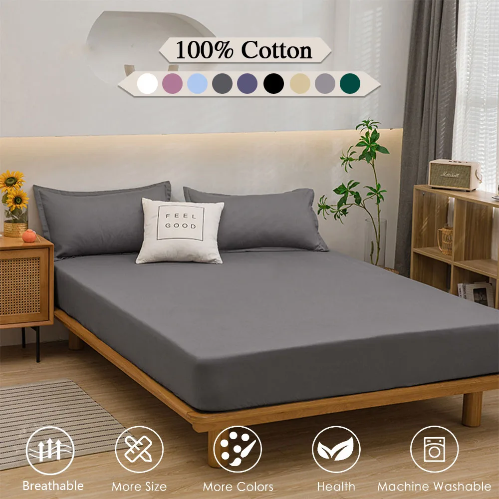 Description Picture 3 of item100% Cotton Fitted Bed Sheet with Elastic Band Solid Color Anti-slip Adjustable Mattress Cover for Single Double King Queen Bed