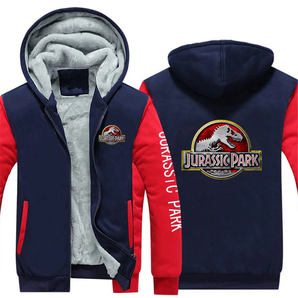 2023 New Men Jurassic Park Autumn and Winter Thickened Hoodie Streetwear Zip Up Jacket Keep Warm Casual Zipper Splicing Sleeve