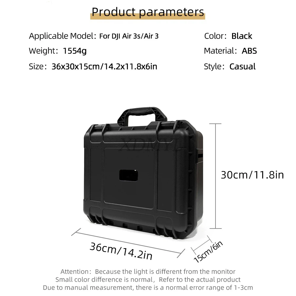 Mallette de transport étanche pour DJI Air 3S et Air 3, poignée renforcée et joints d'étanchéité visibles.