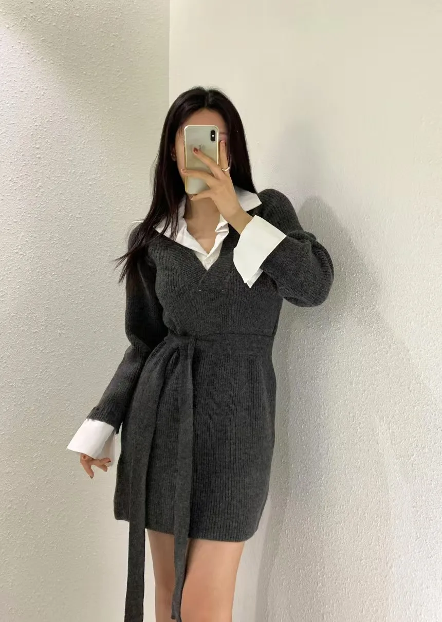 Korean Chic Mini Dresses Women Turn-down Collar Long Sleeve Shirt Patchwork Autumn Winter Knitted Dress Casual Fashion Vestidos