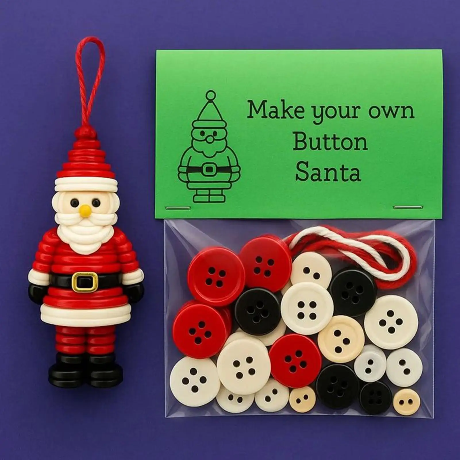 Christmas Button Ornament DIY Crafting Kit Santa Claus, snowman, Christmas tree and angel buttons Pattern, holiday hanging decor