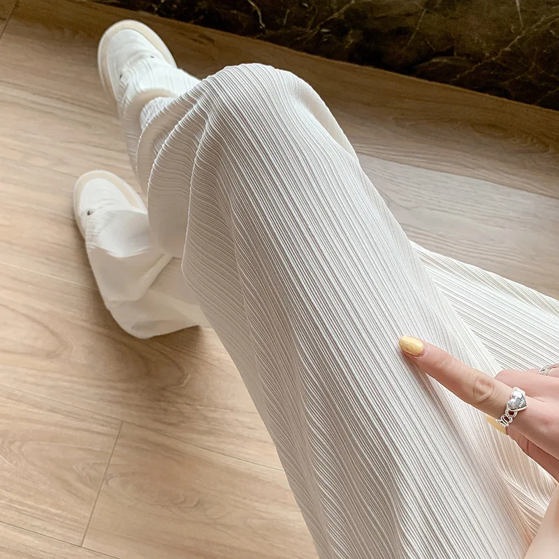 Ice Silk Wide Leg Pants Women\'s Spring and Autumn Thin Fold Vertical Stripe Chiffon High Waist Draping Loose Straight Leg Pants