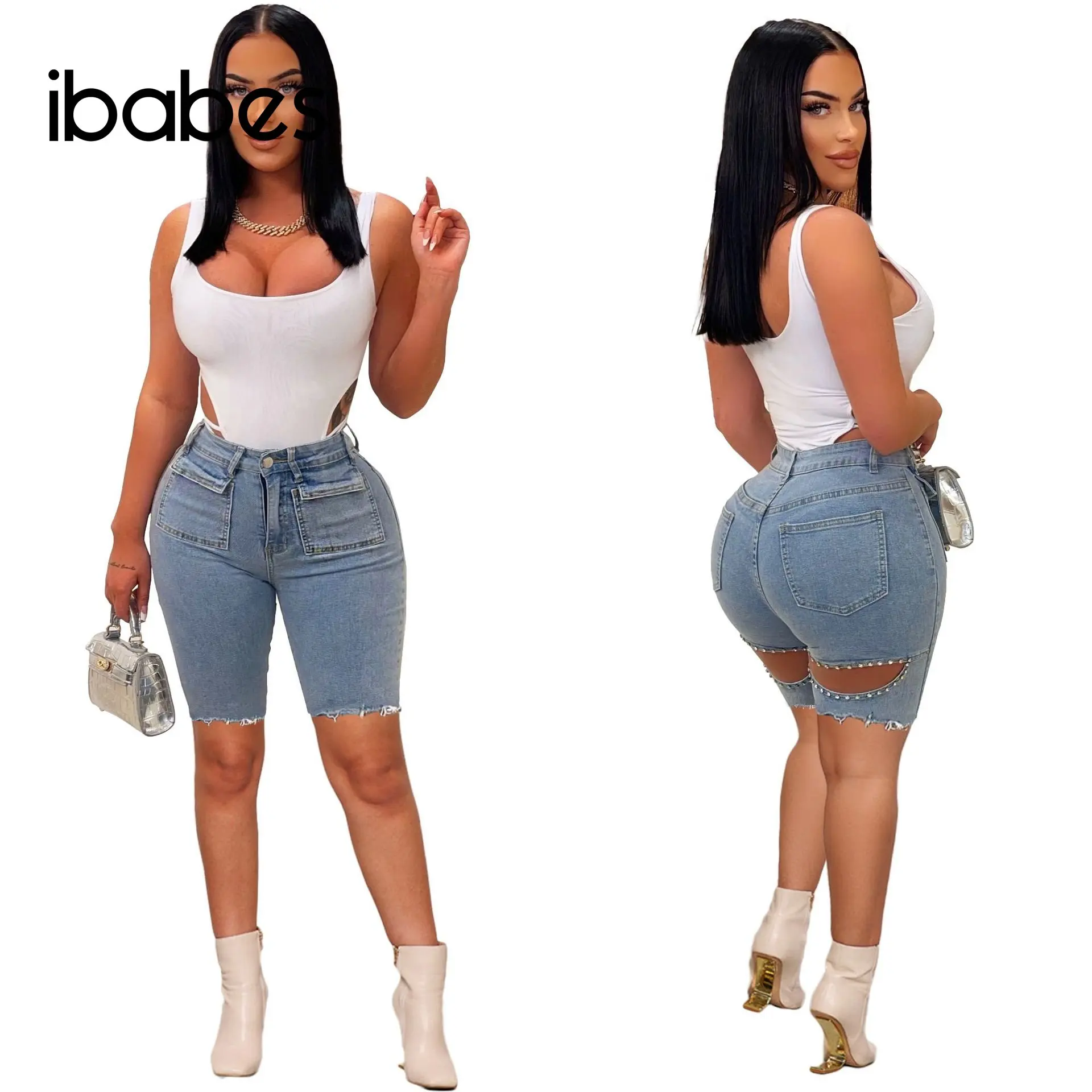 Rhinestone Cargo Jeans Women Zipper Fly High Waist Denim Shorts with Pockets 2023 Summer New Sexy Night Club Party Short Pants