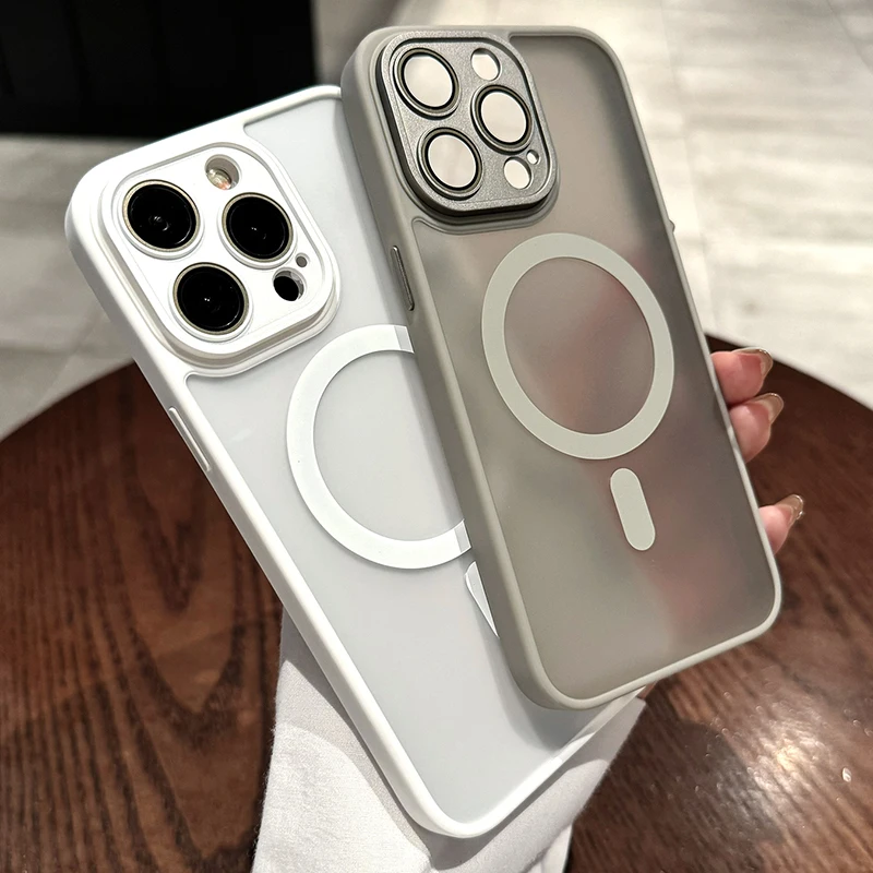Funda Case For iPhone 15 14 13 12 11 Pro Max Plus Transparent For Magsafe Magnetic Lens Protection Matte Frosted Cover