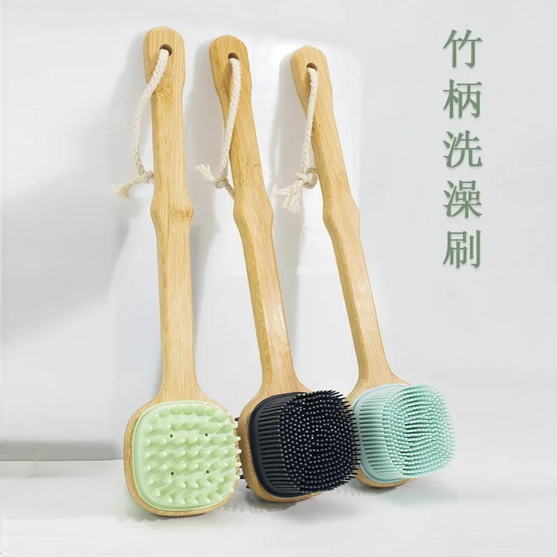 

Long handle soft and painless silicone bath brush Double-sided shampoo bath brush Bamboo wood bath brush silicone brush head