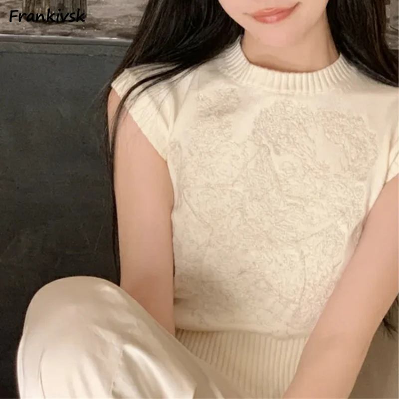 

Women T-shirts Casual Knitting Summer Slim Fashion Temper Cozy Korean Style Versatile Crop Tops Streetwear O-neck Basic Vintage