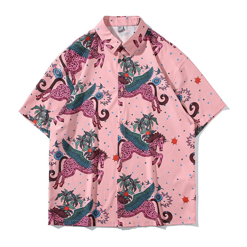 

Summer Oversize Button Beach Shirt Men Printed Pattern Baggy Shirts Fashion Korean Streetwear Short Sleeved Tops Clothing Male