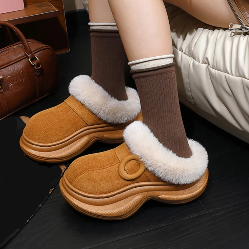 Fashion Chunky Platform Fluffy Slippers Women Outdoor Faux Suede Thick Bottom Cotton Slides Woman Warm Long Plush Home Slippers