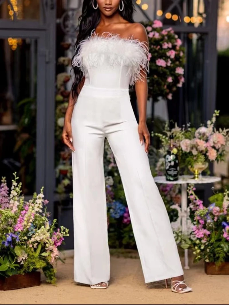 

STYLISH LADY Elegant Feather Rompers and Jumpsuits 2023 Spring Women Strapless Bodycon Patchwork OL Party Wide Leg Overalls