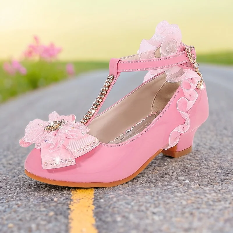 ULKNN Children Party Leather Shoes Girls PU Low Heel Lace Flower