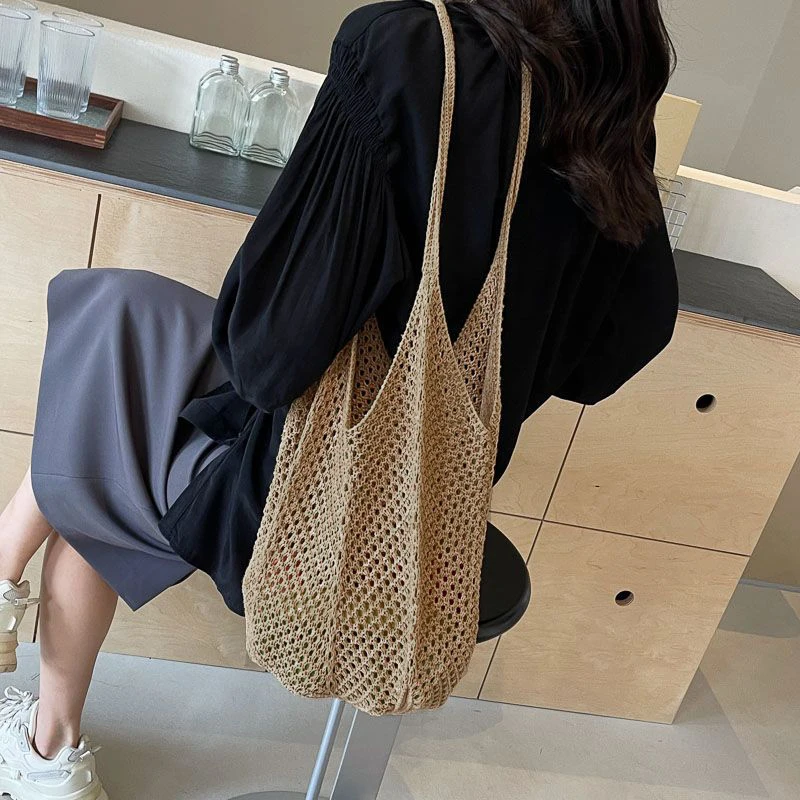 Fashion Women's Large Capacity Hollow Woven Shoulder Bag Solid Color Crochet Tote Handbag Mesh Knitting Underarm BagSummer Beach