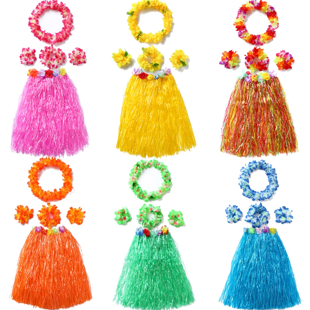 16 Piezas De Faldas Hawaianas Con Accesorios – Set De Fiesta Luau Con Collares, Pulseras, Tobilleras Y Diademas Para Niños Y Adultos
