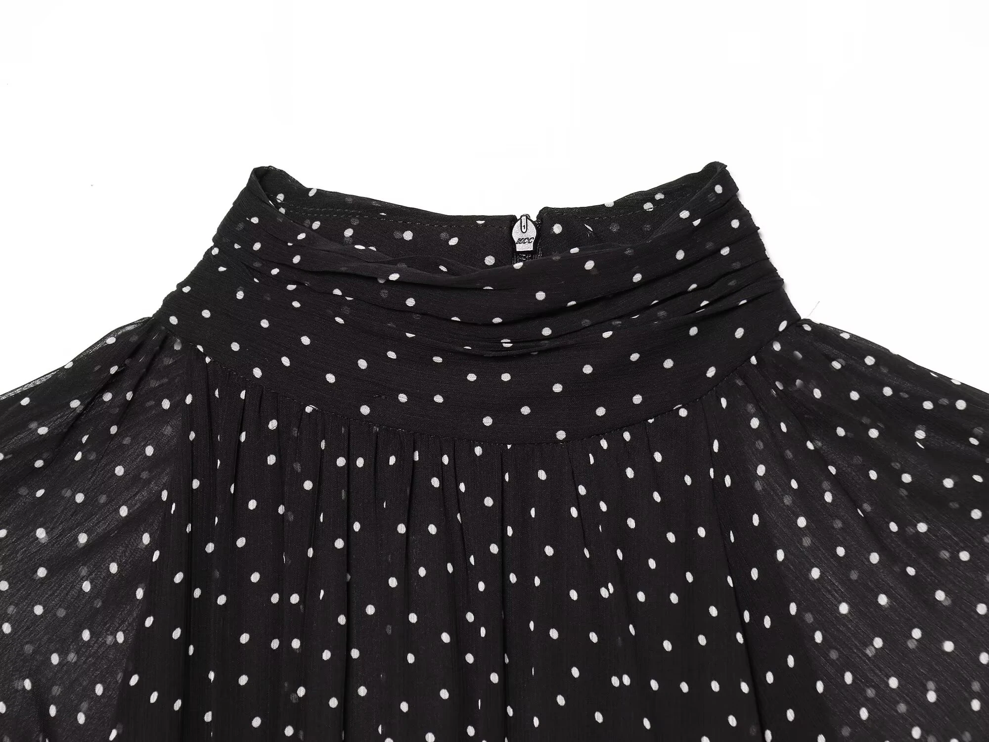 Spring and summer new women's minimalist polka dot printed high neck long sleeved pleated decorative dress
