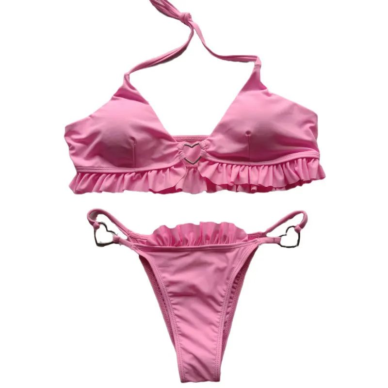 Summer Fashion Women Two-piece Swimsuit Pink Split Ruffles Design Love Heart Ring Connection Fit Women's Bikini Beach Vacation