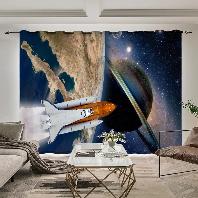 

New Outer Space Astronaut Whale Planet sci-fi Indoor Blackout Curtain Children's Bedroom Window Drape 2 pcs 90% Shading