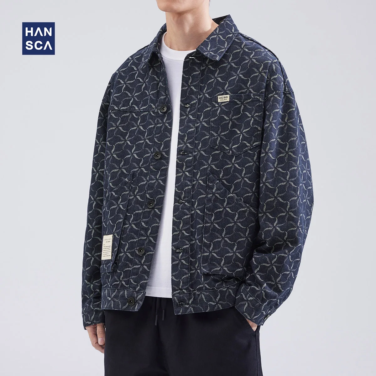 

Hansca Jacquard Loose And Handsome Polo Collar Denim Coat