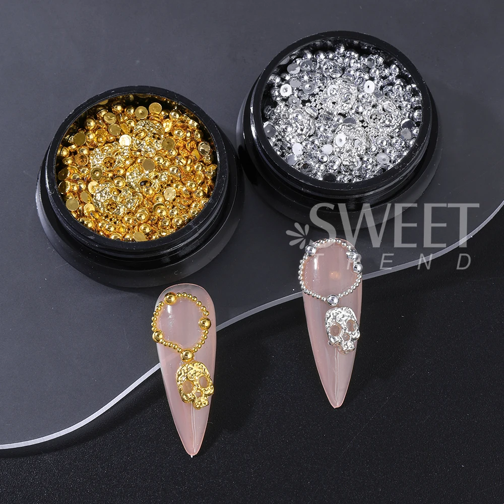 1/3 Boxes Punk Alloy Skull Nail Art Charms Parts Pearl Steel Beads Nail Art Decoration for Halloween Manicure DIY Nails Supplies