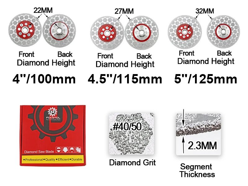 FOCSTOL Diamant-Sägeblatt M14, doppelseitige Sechskant-Schneid- und Schleifscheibe, 100/115/125 mm Schneidwerkzeug für Beton, Keramikfliesen, Granit