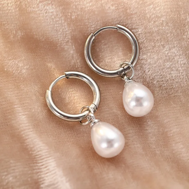 87010-be9bae.jpg Boucles d'oreilles créoles en acier inoxydable pour femmes, pendentif en forme de goutte d'eau, Imitation de perles, tempérament Simple, bijoux cadeaux pour les déplacements quotidiens