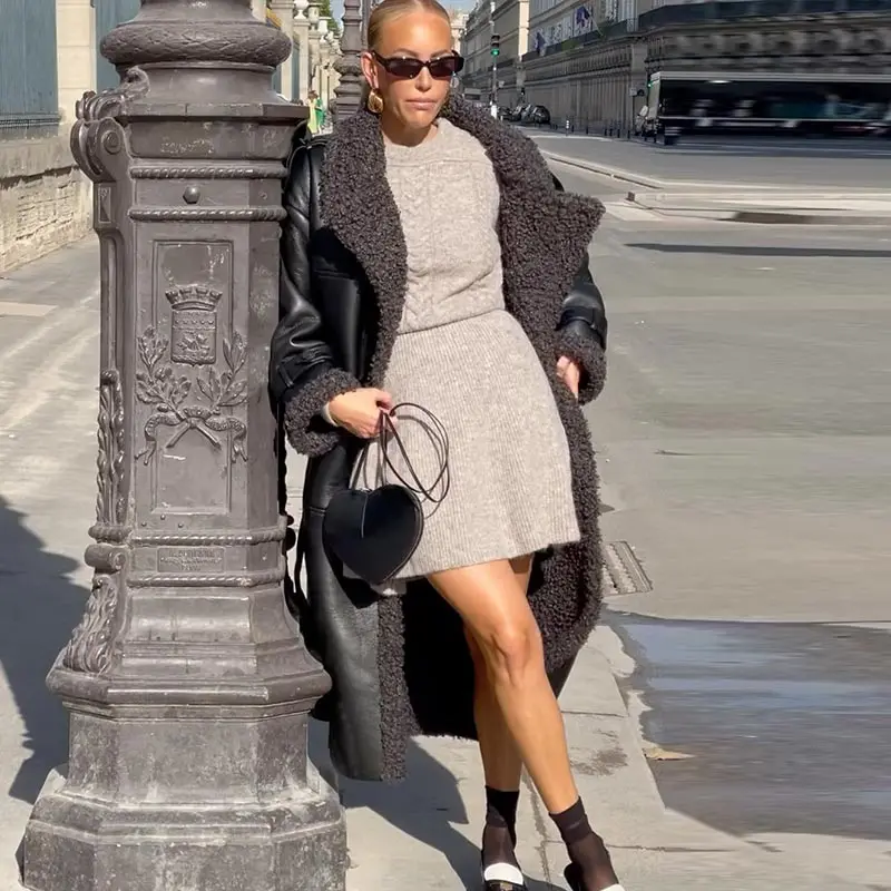 Fashion Lamb Wool PU Leather Long Jacket Women With Belt Patchwork Lapel Pocket Oversize Overcoat Winter Warm Thick Outwear