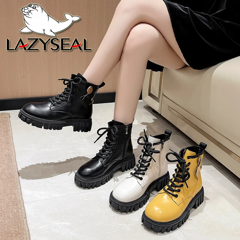 LazySeal Platform Ankle Boots Women Shoes Zipper Cross-tied Square 4.5cm Heel Round Toe Ankle Boots For Women Ladies Shoes