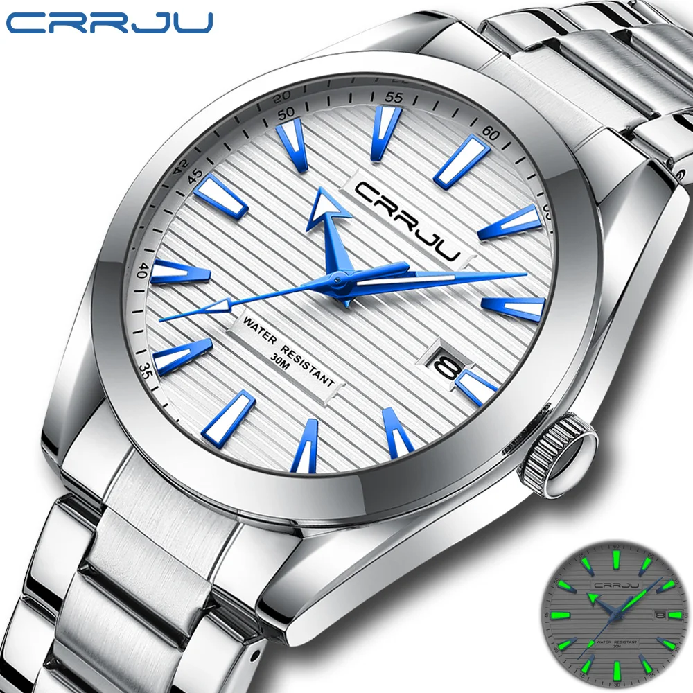 CRRJU Watches Men Simple Fashion Thin Date Luxury Design Stainless Steel Quartz Luminous Clock Silver Relogio Masculino