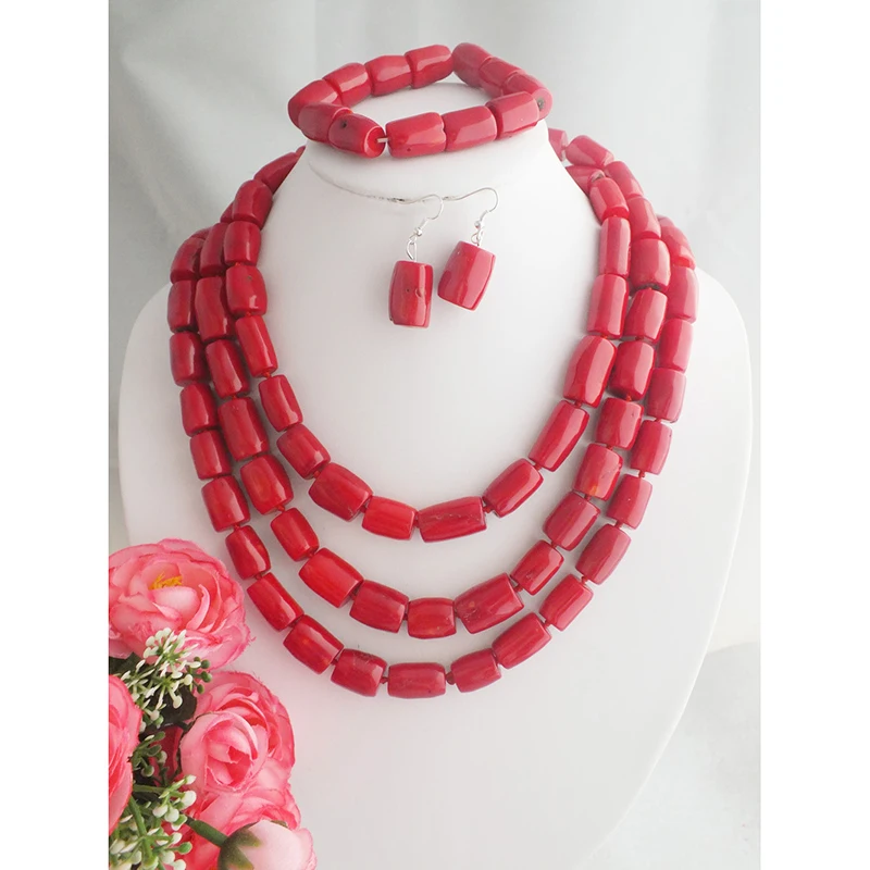 

new Amazing Red Coral Beads Jewelry Sets Wedding African Nigerian Artificial Necklace Sets