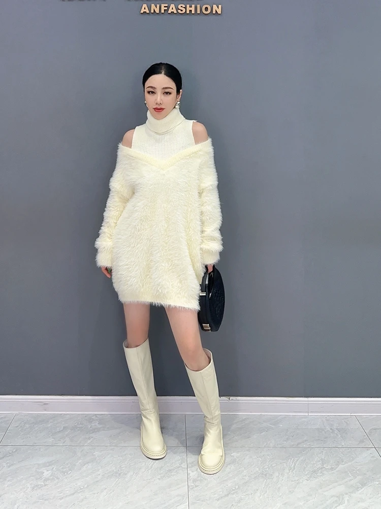 

2023 winter new women's sweater high neck off-shoulder mink velvet mid-length sweater warm casual elegant women's wear