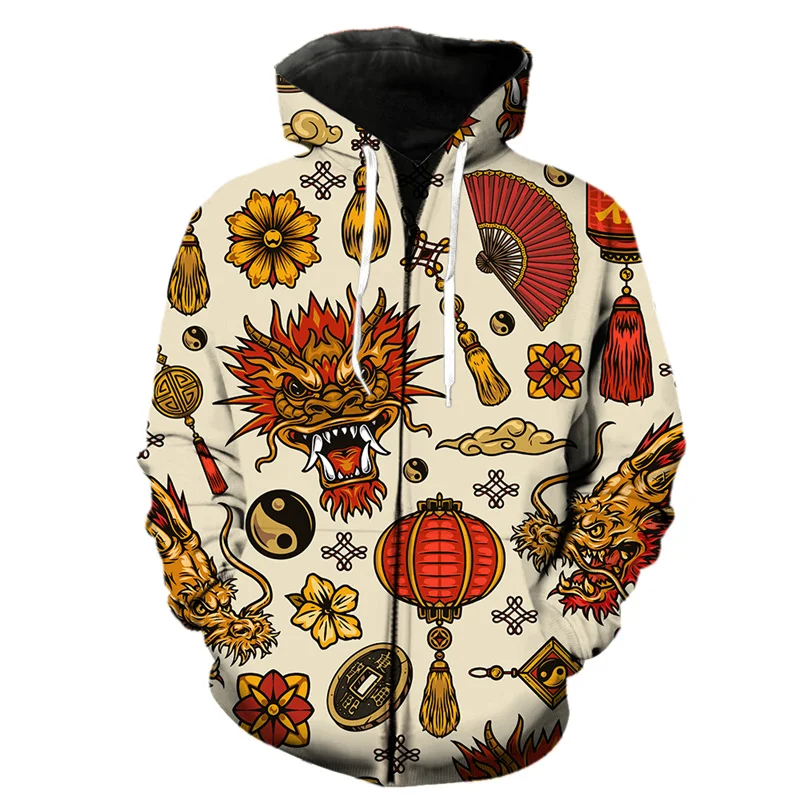 thumbnail image 1 of Sudadera con capucha y cremallera con estampado 3D de gato dragón oriental para hombre, sudadera de manga larga a la moda para niños, sudaderas con capucha Harajuku geniales, 1 of 4