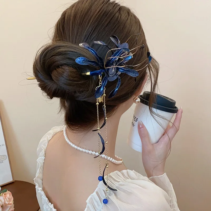 Fairy Red Spider Lily Flower Hair Sticks For Women Dripping Oil Tassel Hairpins Vintage Delicate Hanfu Chopsticks Wedding hair accessory hair stick hair headdress jewelry accessories bridal headwear