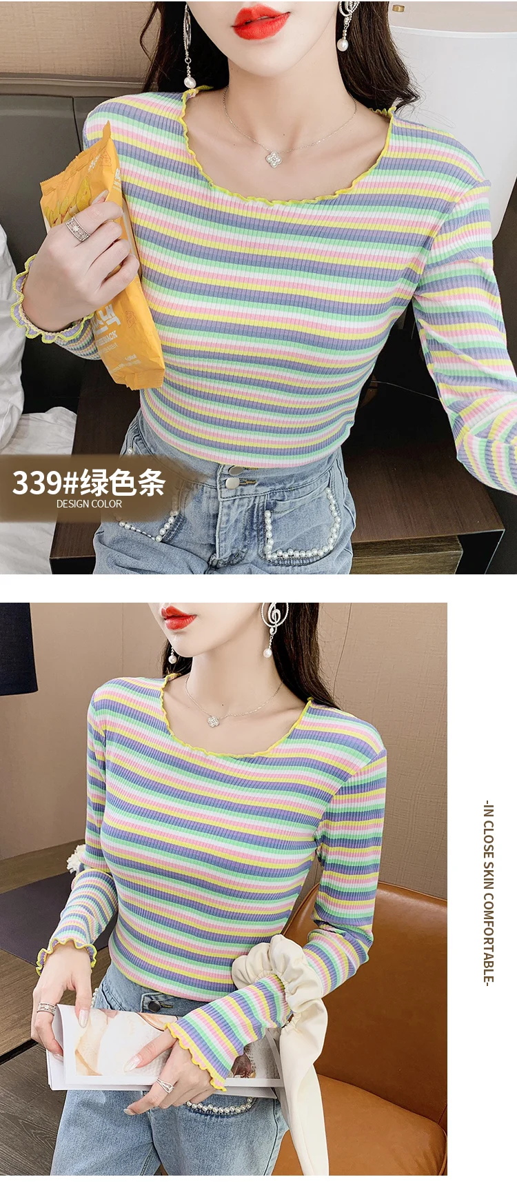 camiseta feminina de algodão puro coreano manga longa listra gráfico casual feminino camisetas harajuku senhoras fino kawaii